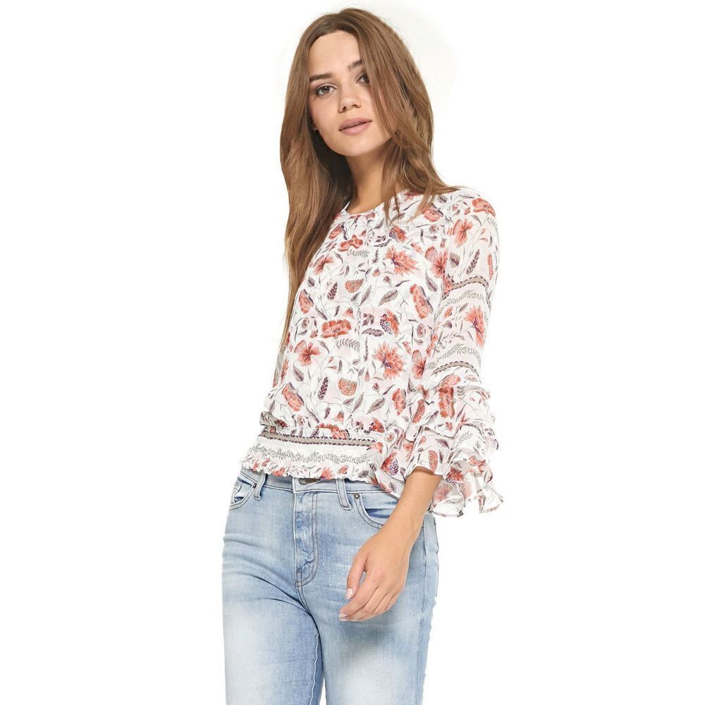 MISA Annabelle Smocked Sheer Ruffle 3/4 Sleeve Blouse Size M